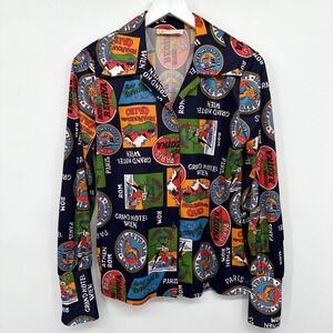 Vintage Top Shirt Size Small Medium Stretch Passport Stamp Maximalist Statement